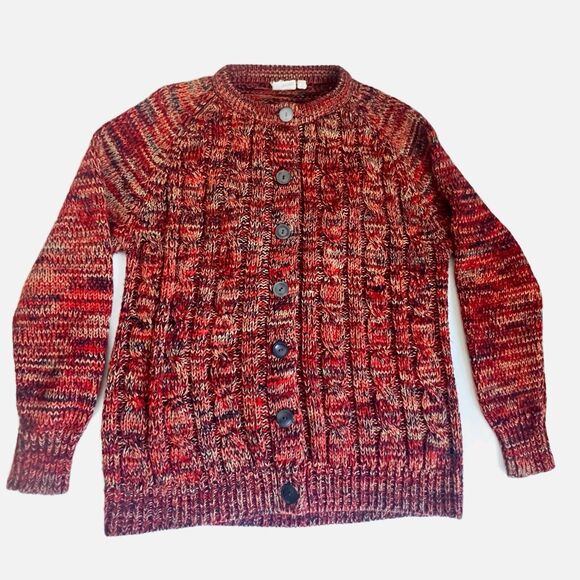 Vintage Cable Knit Acrylic Cardigan Sweater Chunky Fisherman Women's Large Red - Picture 2 of 16